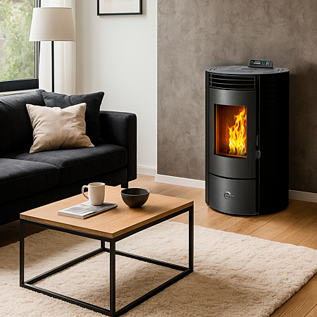 Estufa de pellets sellada negra Sannover Azora de 11,6 kW + kit de instalación